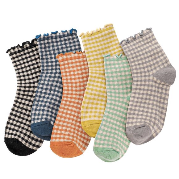 Amazon Accessories - 6PC Women Ruffle Striped Frilly Socks, Cute Checkered Ankle Sock Bundle Cotton